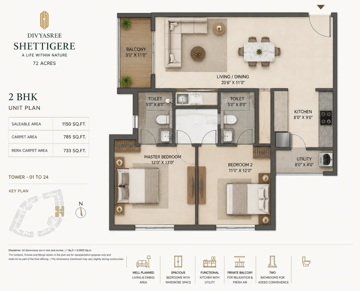 2 BHK Luxe — Expected Layout ~1,250 sqft · 2 Bed · 2 Bath