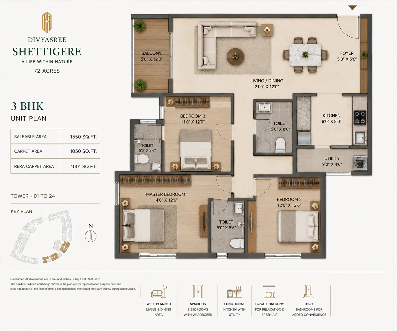 3 BHK Premium & Luxe — Expected Layout ~1,610 – 1,860 sqft · 3 Bed · 3 Bath